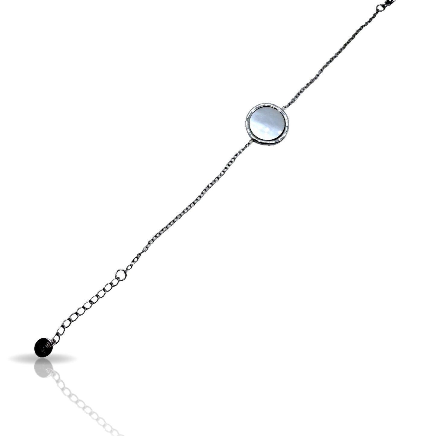 Bracciale in acciaio argento con elemento centrale circolare effetto madreperla